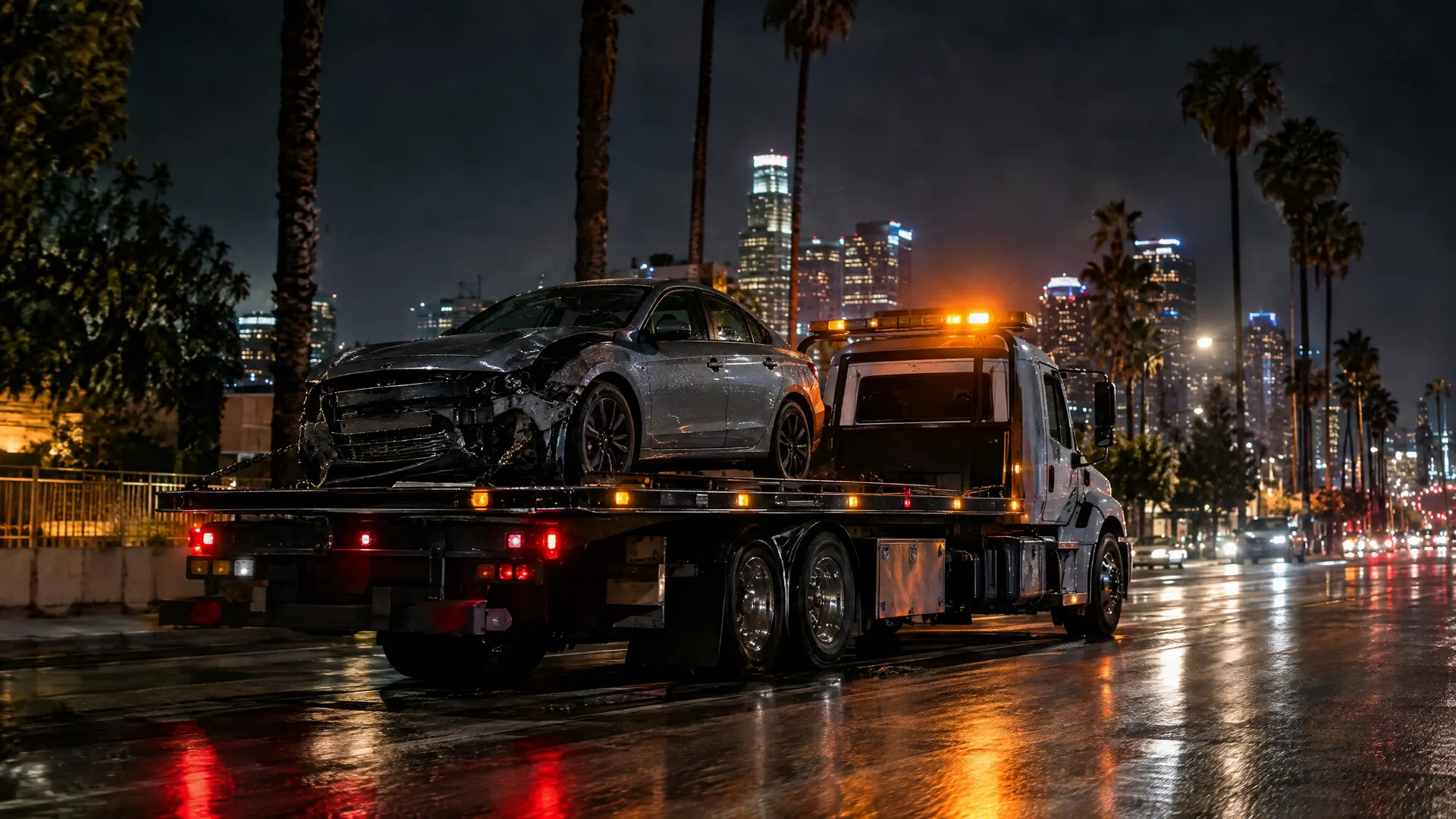 Flatbed tow truck delivering a damaged car at night